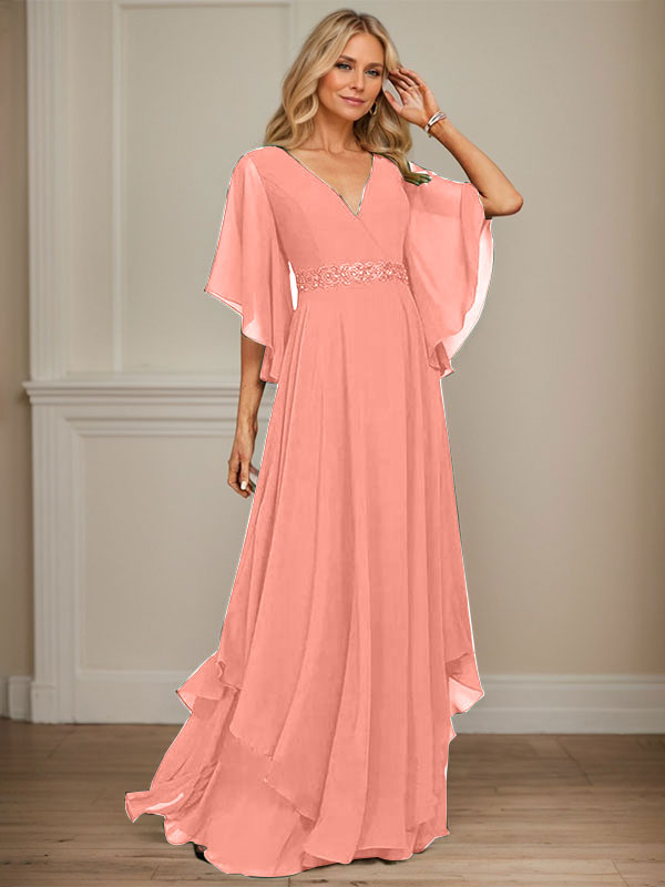 A-Linien V-Ausschnitt bodenlanges Chiffon-Mutter-der-Braut-Kleid mit Pailletten-Applikationen, Spitze und Perlen