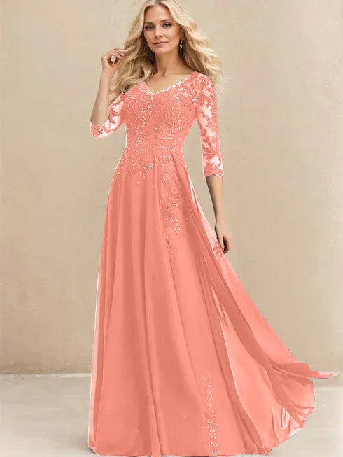 A-Linien V-Ausschnitt Bodenlanges Spitzen-Chiffon Kleid für die Brautmutter mit Pailletten
