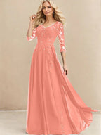 A-Linien V-Ausschnitt Bodenlanges Spitzen-Chiffon Kleid für die Brautmutter mit Pailletten