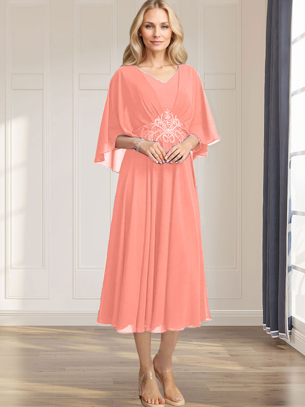 Robe de mère de la mariée en mousseline, longueur thé, col en V, en ligne A, avec appliques plissées, sequins, dentelle et perles
