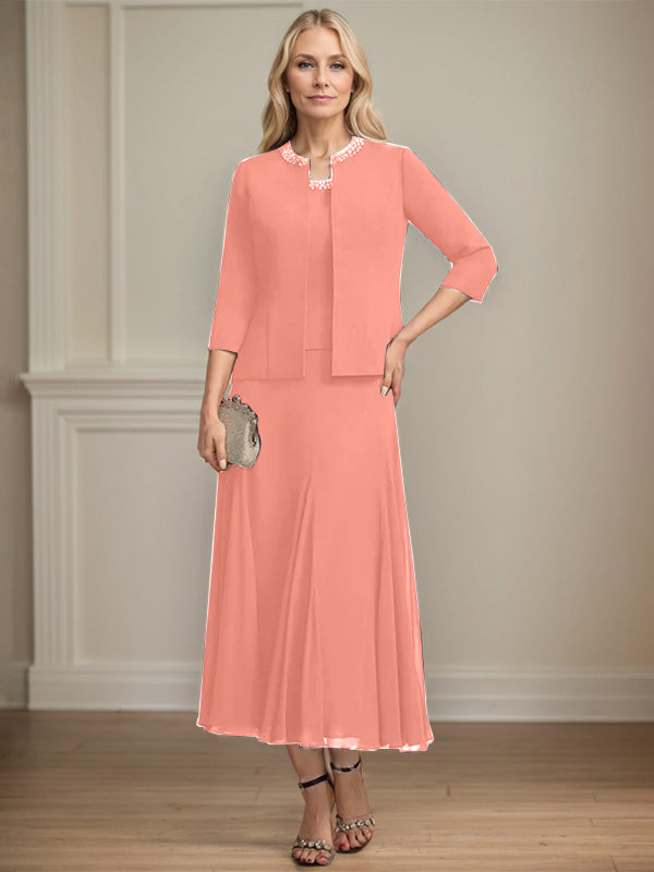 Separates A-Linien Chiffonkleid mit Rundhalsausschnitt, tea-length, Mutter der Braut mit Pailletten und Perlen