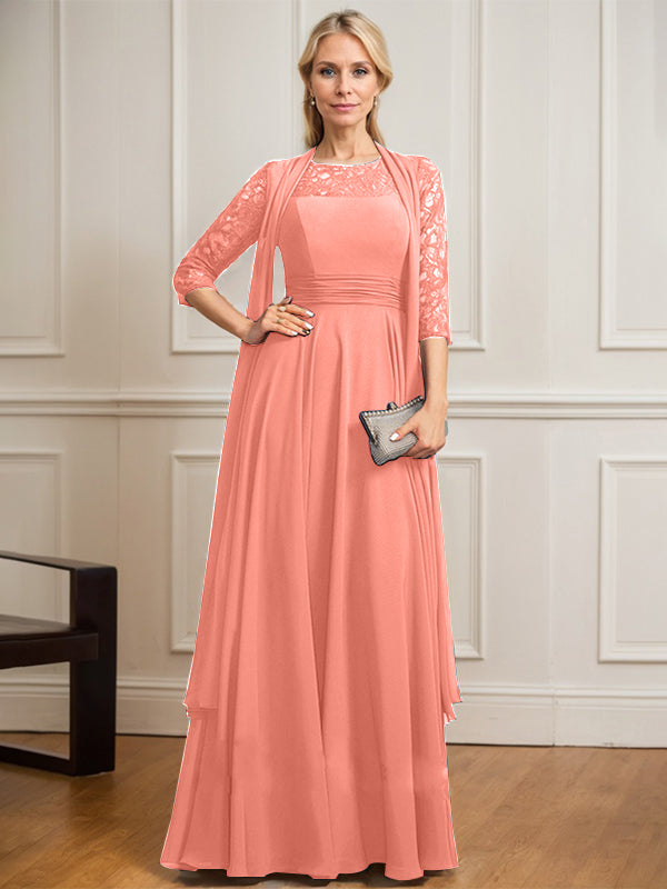 A-Linien Kleid mit Rundhalsausschnitt, Illusion, bodenlang aus Spitze und Chiffon, Mutter-der-Braut-Kleid mit Faltenwurf