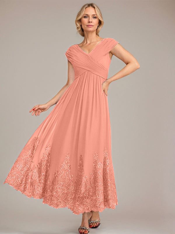 A-Linien V-Ausschnitt Knöchellanges Chiffon Kleid der Brautmutter mit Applikationen und Pailletten
