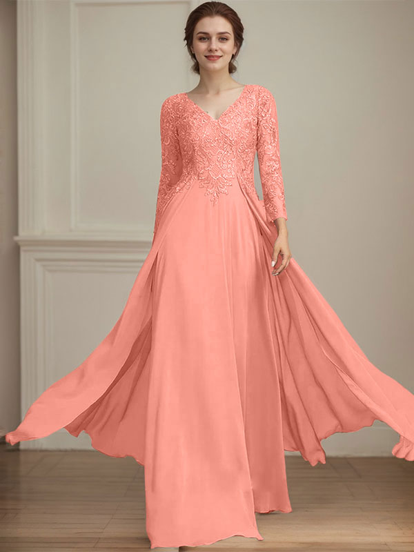 A-Linien V-Ausschnitt Bodenlanges Spitzen-Chiffon Kleid für die Brautmutter mit Pailletten