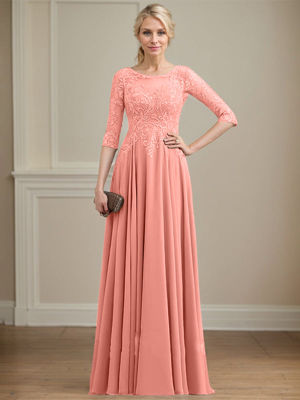A-line Scoop Illusion Floor-Length Lace Chiffon Mother of the Bride Dress With Sequins