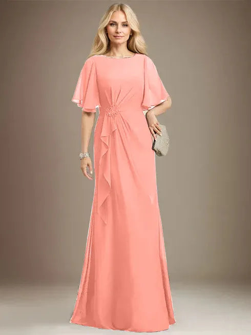 A-Linien Rundhals bodenlanges Chiffon Mutter der Braut Kleid mit kaskadierenden Rüschen Perlen Pailletten
