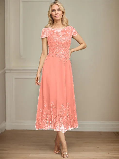 A-Linien Illusions Rundhals tea-langes Spitzenchiffon Mutter der Braut Kleid mit Pailletten