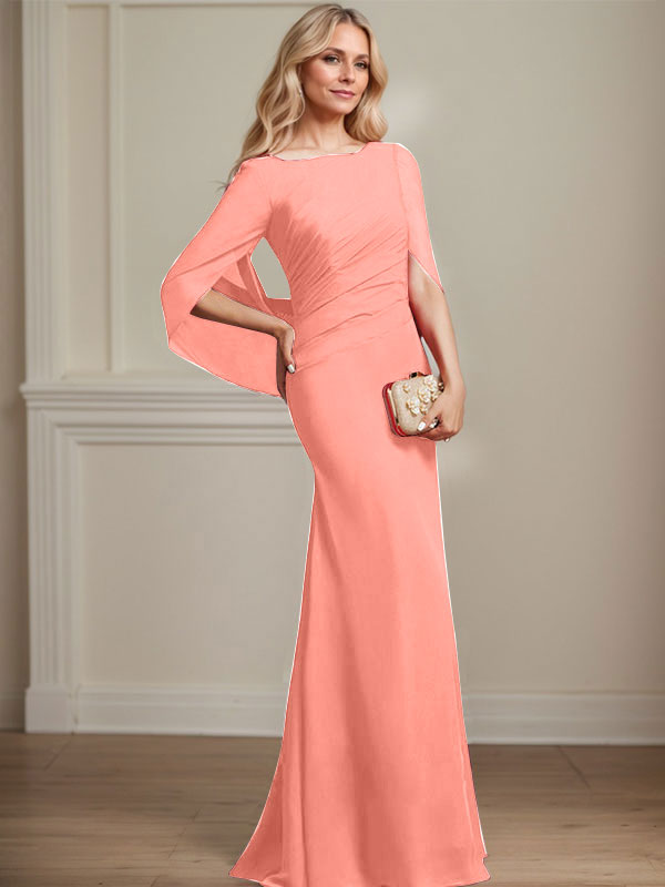Trompeten-/Meerjungfrauen-Chiffonkleid mit Bootsausschnitt, bodenlang, plissiert, Brautmutterkleid