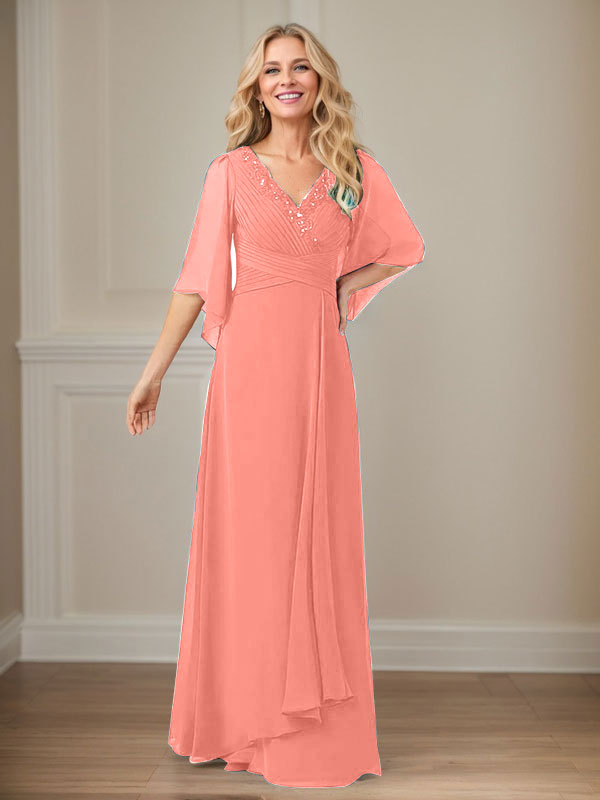 A-Linien V-Ausschnitt langes Pailletten-Chiffon Mutterkleid