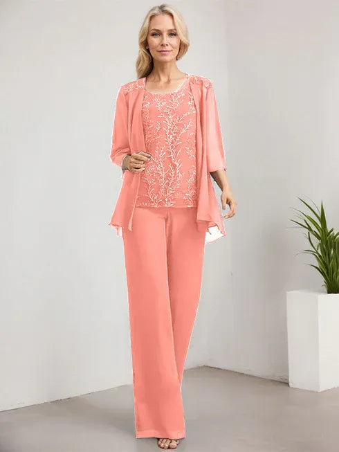 Zweiteiler Jumpsuit/Hosenanzug U-Ausschnitt bodenlanges Spitzen Chiffon Mutter der Braut Kleid mit Pailletten
