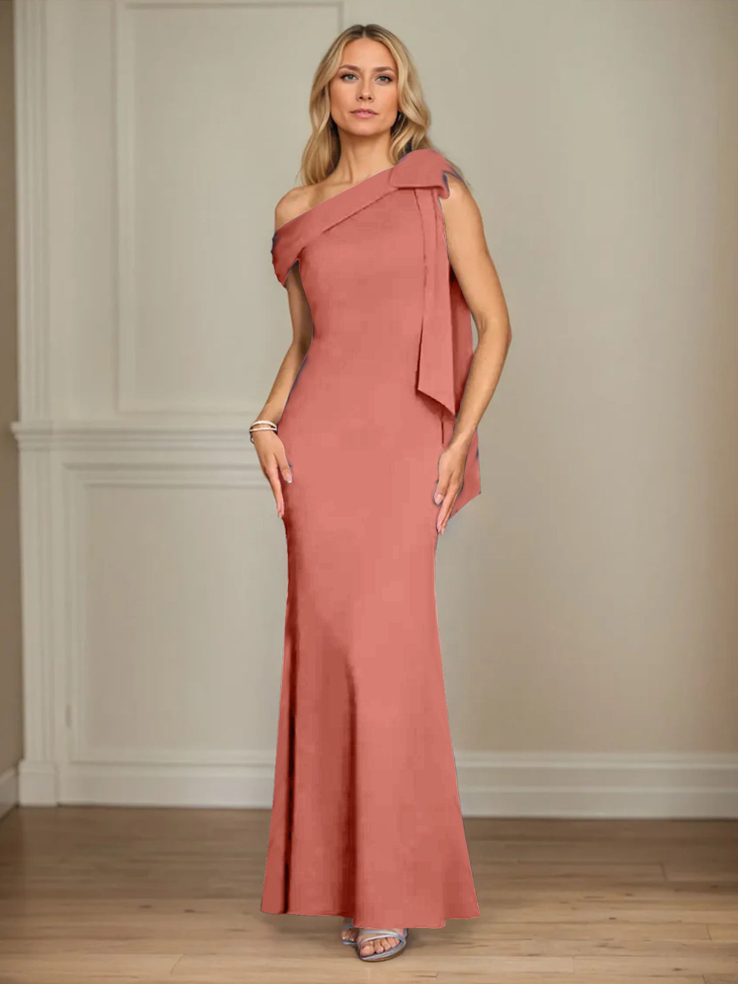 Trumpet/Mermaid Ein-Schulter Ärmelloses Stretch-Crêpe Kleid für die Brautmutter mit Schleife