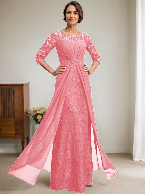 A-Linien Rundhalsausschnitt Illusions-Bodenlanges Spitzen-Chiffonkleid für die Brautmutter mit Perlen und Volants