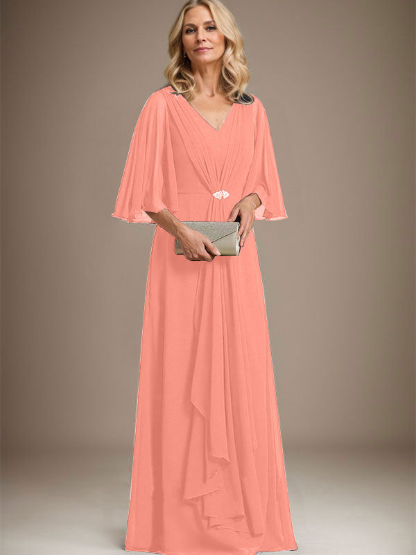 A-Linien V-Ausschnitt Bodenlanges Chiffon Kleid für die Brautmutter mit kaskadierenden Rüschen und Kristallbrosche