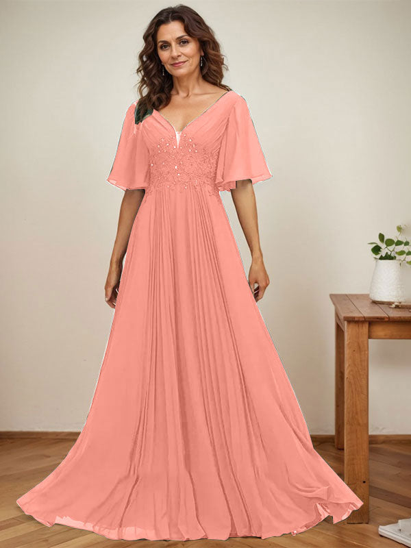 A-Linien V-Ausschnitt bodenlanges Chiffon Mutterkleid der Braut mit Pailletten-Applikationen, Spitze und Falten