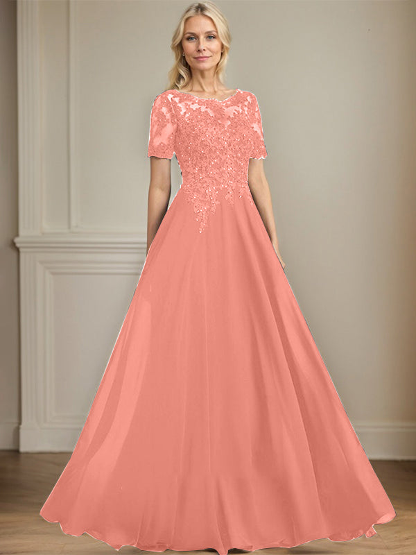 A-Linien Rundhals Illusions-Bodenlanges Chiffon-Spitzenkleid für die Mutter der Braut mit Pailletten und Perlen