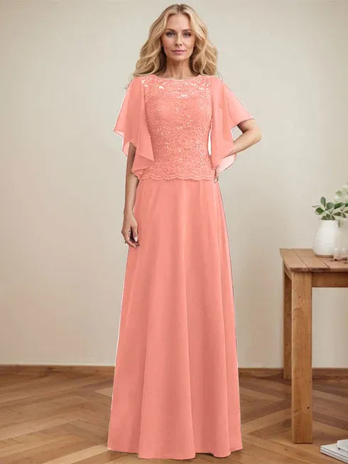 A-Linien Rundhals Illusions-Bodenlanges Spitzen-Chiffon Mutter-der-Braut-Kleid mit Pailletten