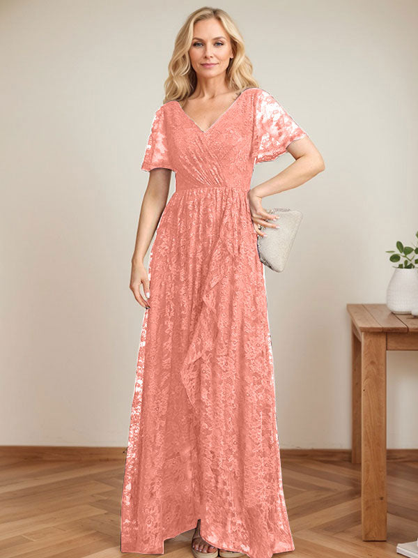 A-Linien Spitzen-Mutter-der-Braut-Kleid mit V-Ausschnitt, asymmetrisch und mit kaskadierenden Rüschen
