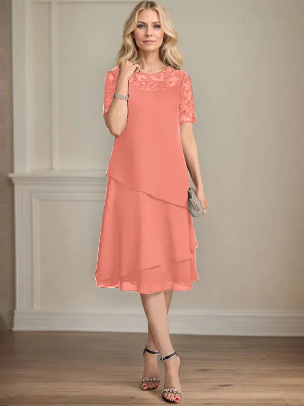 A-Linien Rundhals Illusions-Knie-Länge Spitzen-Chiffon Kleid für die Brautmutter mit Pailletten