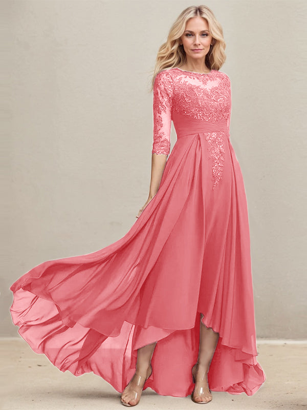 A-Linien Ausschnitt Illusions Asymmetrisches Spitzen-Chiffon Kleid für die Mutter der Braut mit plissierten Pailletten
