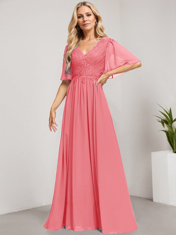 Robe mère de la mariée ligne A col en V longue en dentelle et chiffon avec sequins