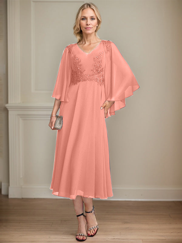 A-Linien-Brautmutterkleid aus Chiffon, V-Ausschnitt, tea-length mit Spitze, Pailletten und Perlen