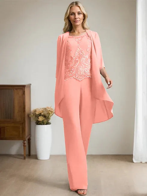 Zweiteiler Jumpsuit/Hosenanzug mit Rundhalsausschnitt, bodenlanges Chiffon-Spitzenkleid für die Mutter der Braut mit Perlen und Pailletten