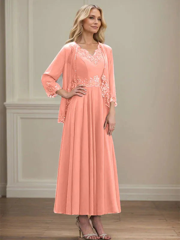 A-Linien Kleid mit V-Ausschnitt, knöchellang, aus Chiffon, Mutter der Braut Kleid mit Pailletten, Applikationen, Spitze und Perlenbesatz