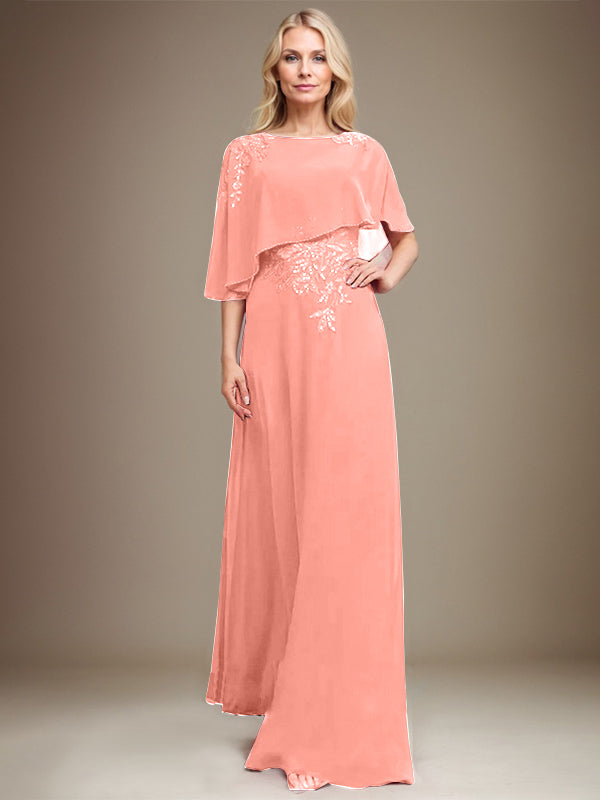 A-Linie Rundhals Bodenlanges Chiffon-Spitzenkleid für die Brautmutter mit Pailletten und Perlen