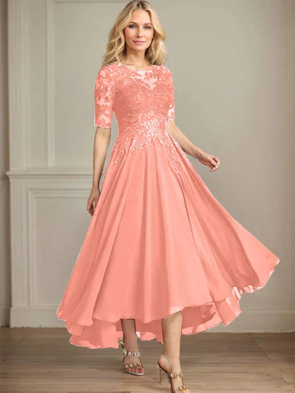 A-Linien Scoop-Ausschnitt Illusion asymmetrisches Chiffon-Spitzen-Mutter-der-Braut-Kleid mit Pailletten