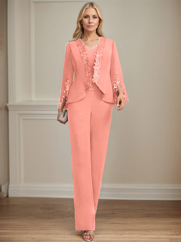 Zweiteiler Jumpsuit/Hosenanzug V-Ausschnitt bodenlanges Chiffon Mutter der Braut Kleid