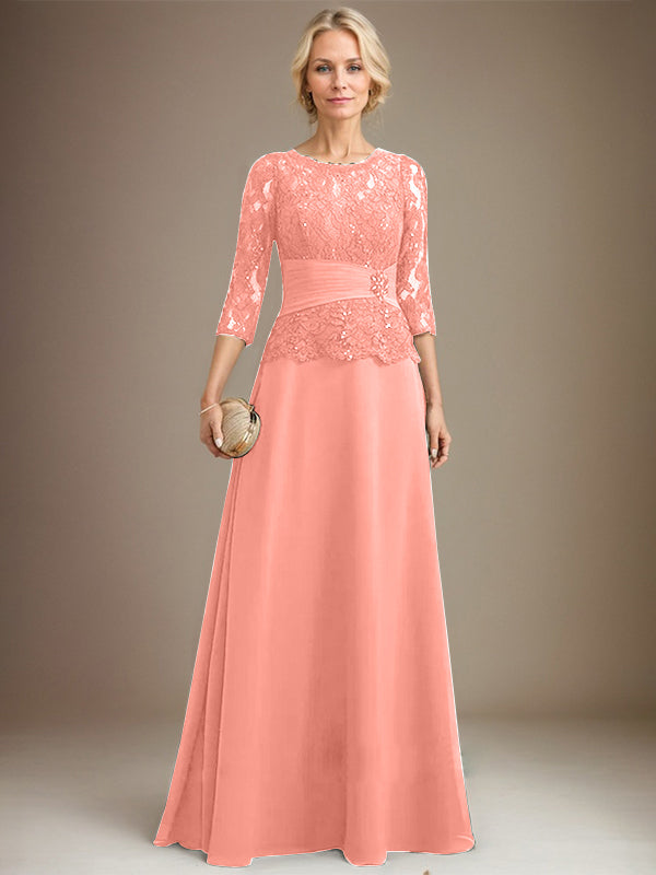 A-Linien Kleid mit Scoop-Ausschnitt, Illusion, bodenlangem Chiffon und Spitze, Mutter-der-Braut-Kleid mit plissierten Pailletten und Perlenbesatz