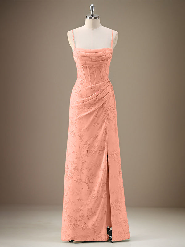 Black Sheath Spaghetti Straps Pleated Long Bridesmaid Dress with Slit