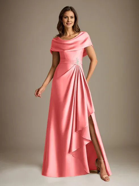 A-Linien-Kleid mit Rundhalsausschnitt, bodenlang, aus Stretch-Satin, Brautmutterkleid mit fallenden Rüschen