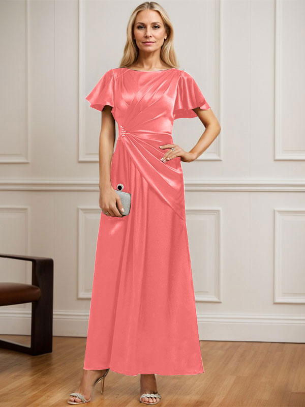A-Linien Rundhals Knöchellanges Stretch Satin Mutter der Braut Kleid mit Plissierten Perlen