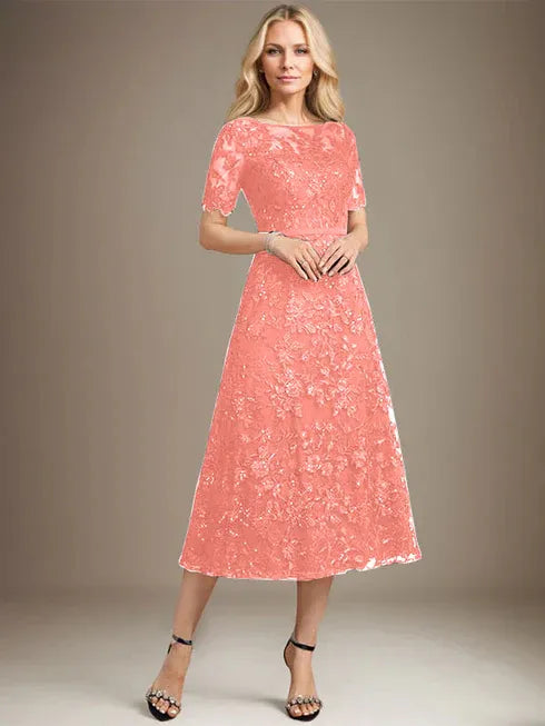 A-Linien Rundhals Illusions-Tea-Length Spitzenkleid der Brautmutter mit Pailletten