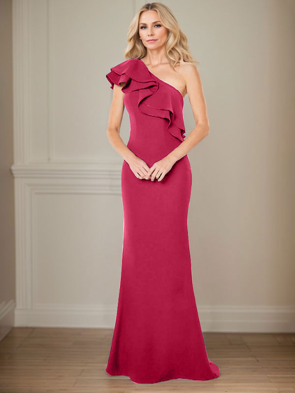 Abito da madre della sposa a linea A in chiffon con una spalla, lunghezza fino a terra e volant
