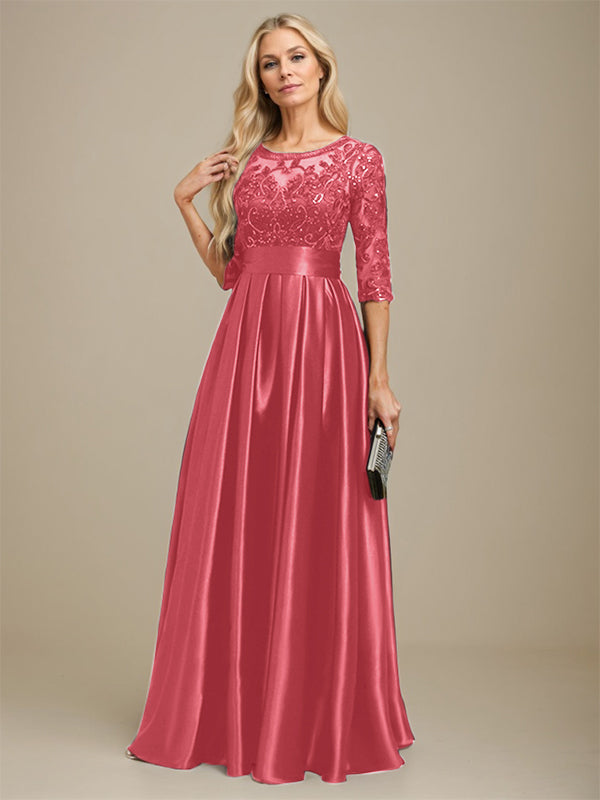 A-Linien Ausschnitt Illusions bodenlanges Stretch-Satin-Spitzenkleid für die Brautmutter mit Schleife und Pailletten
