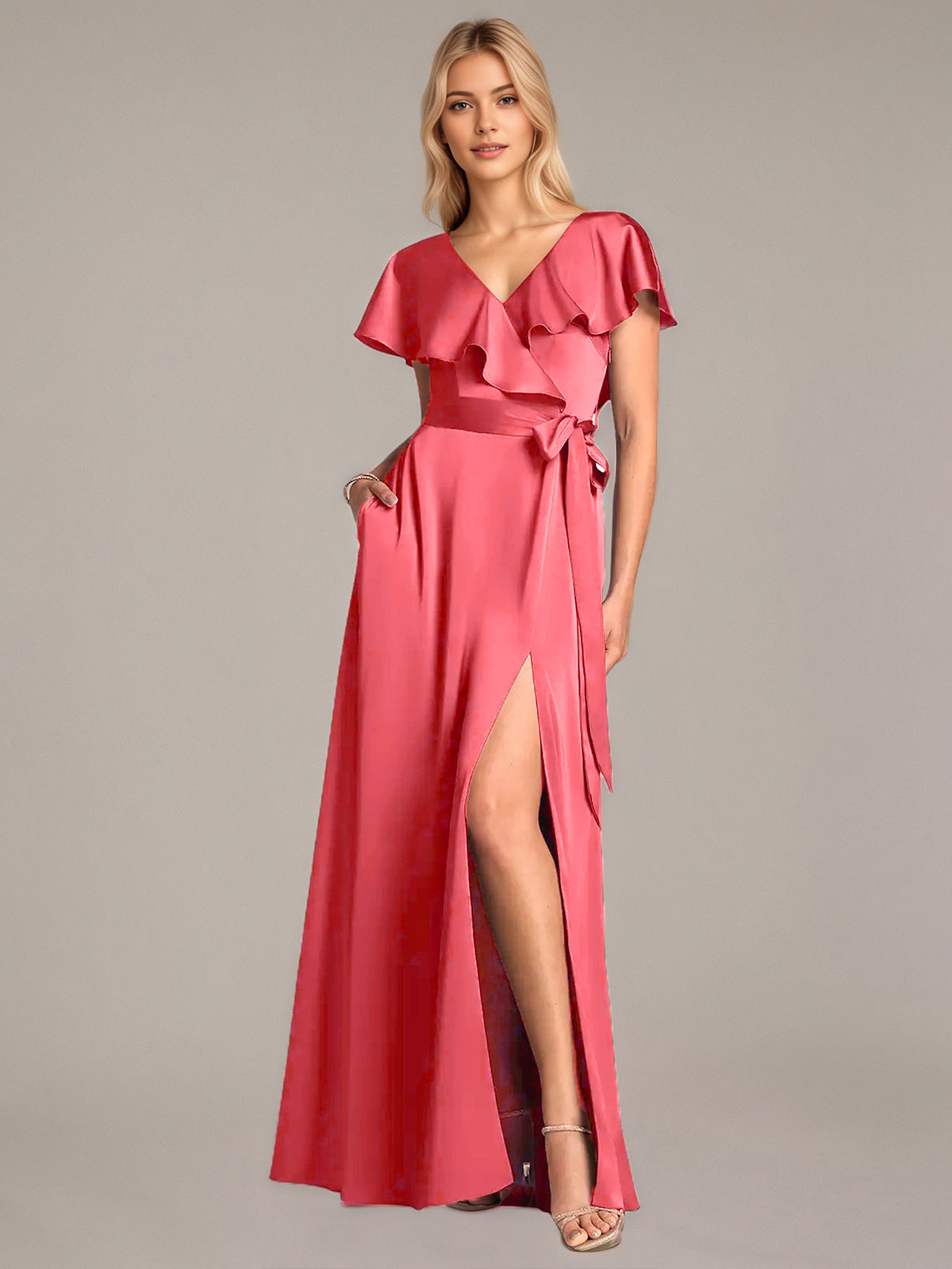 A Line Satin V Neck Short Sleeves Floor Length Dresses With Ruffles
