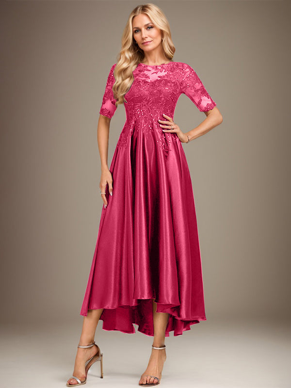 A-Linie Rundhalsausschnitt Illusion Asymmetrisches Stretch-Satin-Spitzen-Brautmutterkleid mit Pailletten
