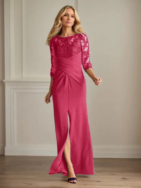Pflaumenfarbenes eng anliegendes Spitzen Stretch Krepp Kleid für die Brautmutter