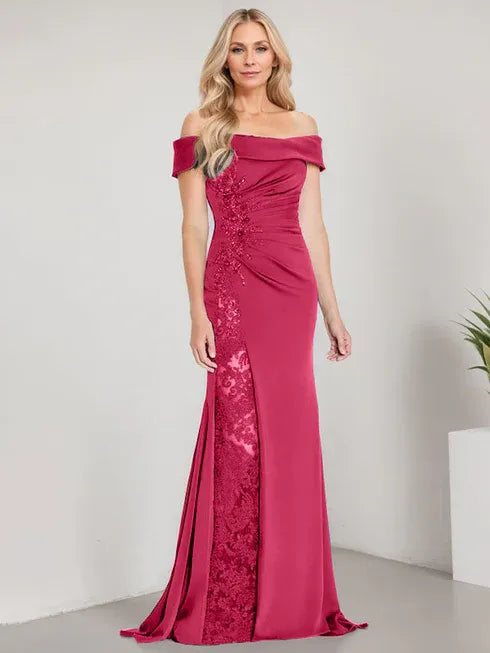 A-Linien Schulterfreies bodenlanges Brautmutterkleid mit Applikationen und Perlenbesatz Meerjungfrauenkleid mit hohem Schlitz