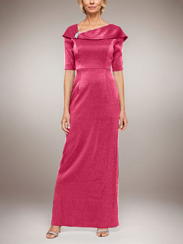 Langes schimmerndes Säulenkleid mit umgeschlagenem Ärmelbündchen, L-Ausschnitt und Ellbogenärmeln