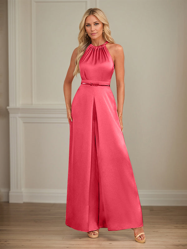 Jumpsuits Neckholder bodenlanges Satin Hochzeitskleid
