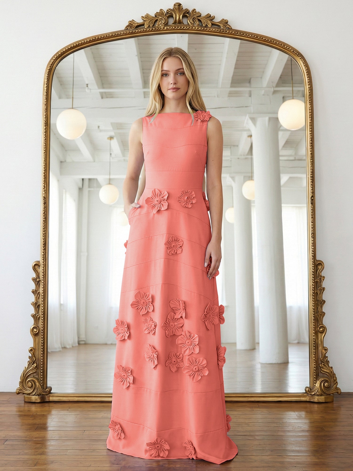 Lavendelfarbenes formelles Kleid mit U-Boot-Ausschnitt und herabfließenden 3D-Blumen