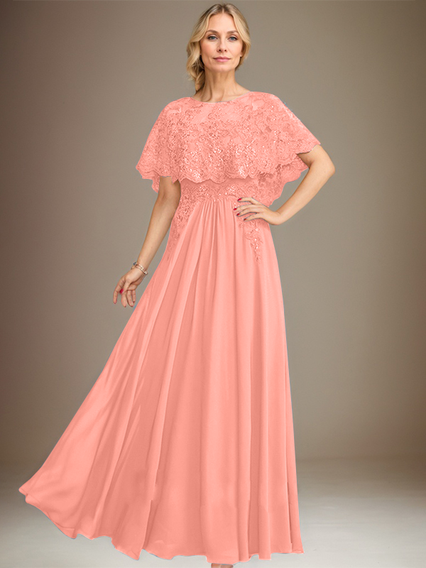 A-Linien Spitzen-Chiffon-Mutter-der-Braut-Kleid mit Bootsausschnitt, bodenlang und Applikations-Pailletten
