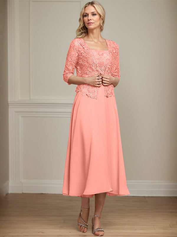 Robe de mère de la mariée en mousseline et dentelle ligne A longueur thé avec perles et sequins