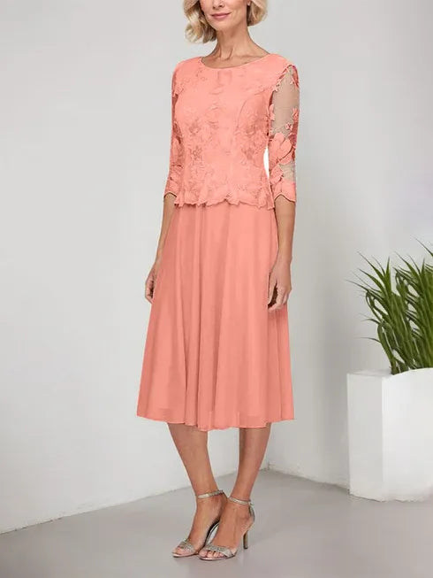 A-Linie Rundhals Tee-Länge Spitze Chiffon Mutter-der-Braut-Kleid mit Stickerei