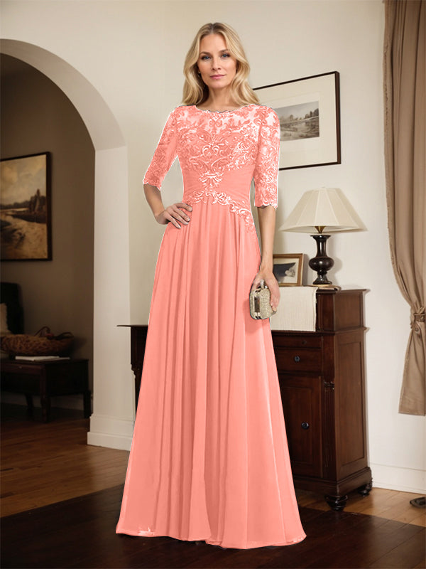 A-Linien Ausschnitt Illusions-Bodenlanges Chiffon-Spitzenkleid für die Mutter der Braut mit plissierten Pailletten