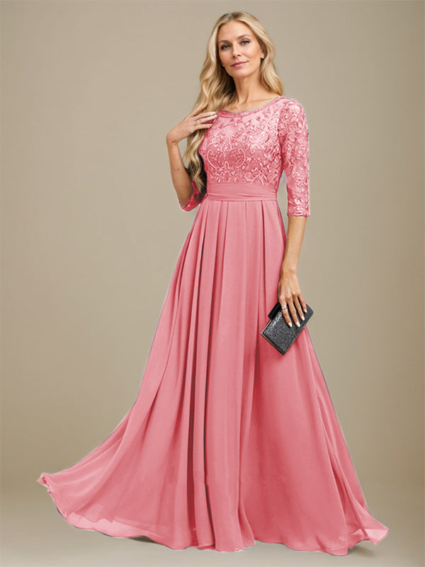 A-Line Scoop Floor-Length Lace Chiffon Mother Of the Bride Dress With Sequins Applique