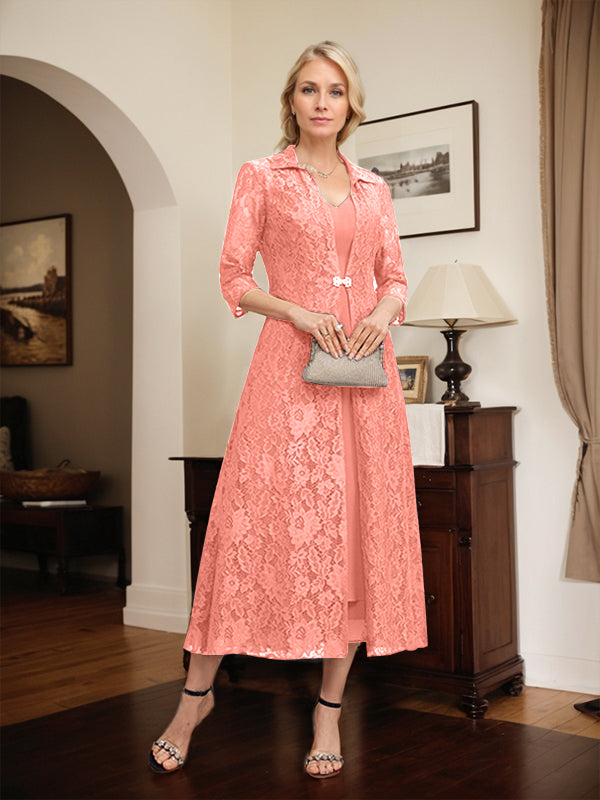 Robe mère de la mariée en mousseline longueur thé à encolure en V et coupe trapèze